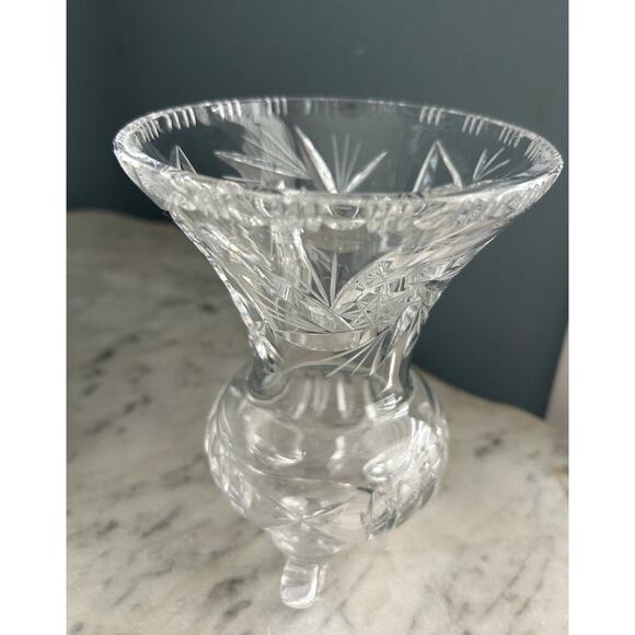 Vintage Bohemian Heavy Hand Cut 3 Footed Crystal Vase 5.75”H Clear Gift Feet - Picture 13 of 16